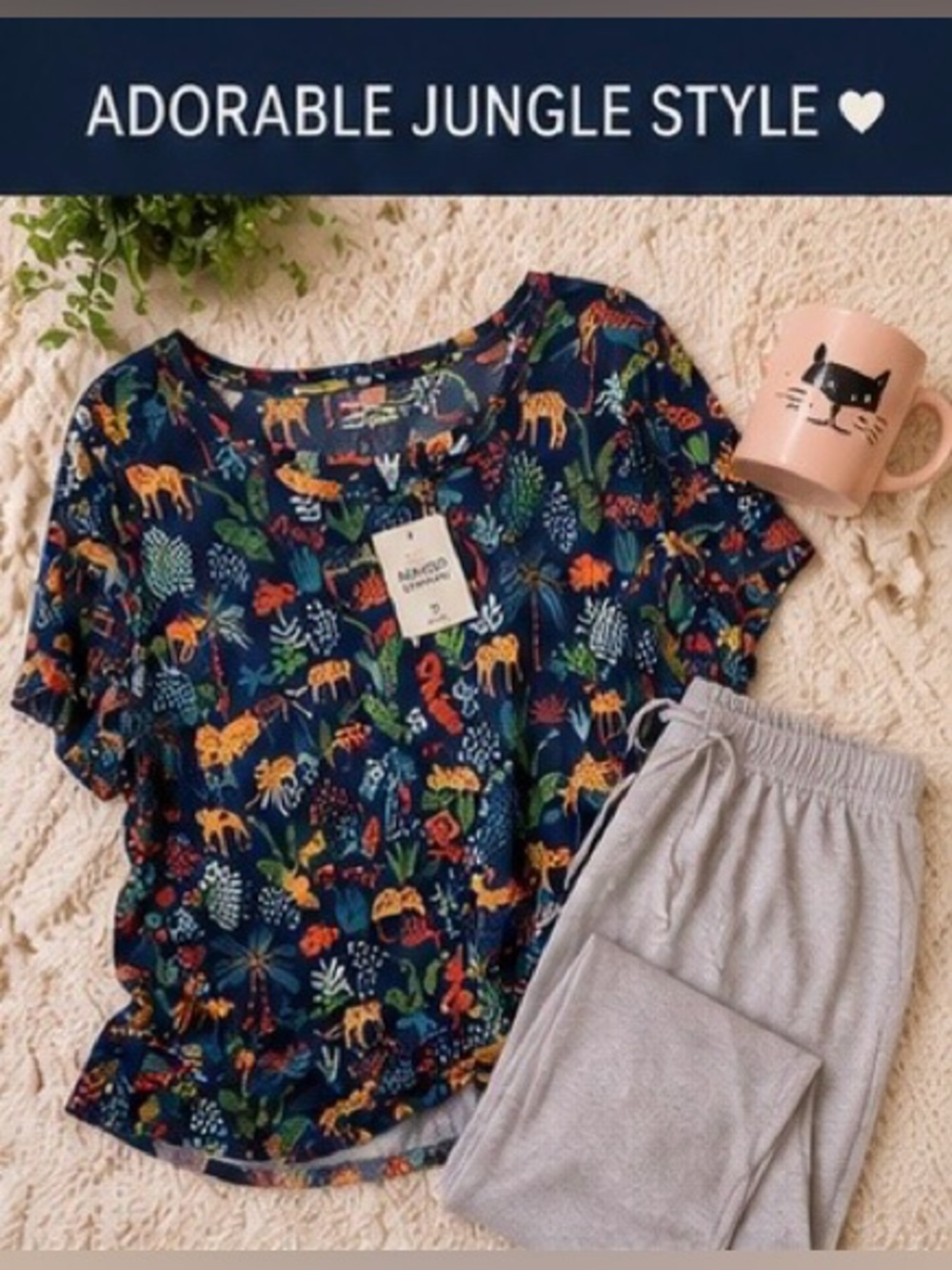 Sleep Sense Cat Print Pajama Top 1X Jungle Animal Sleepwear NWT - Picture 3 of 9